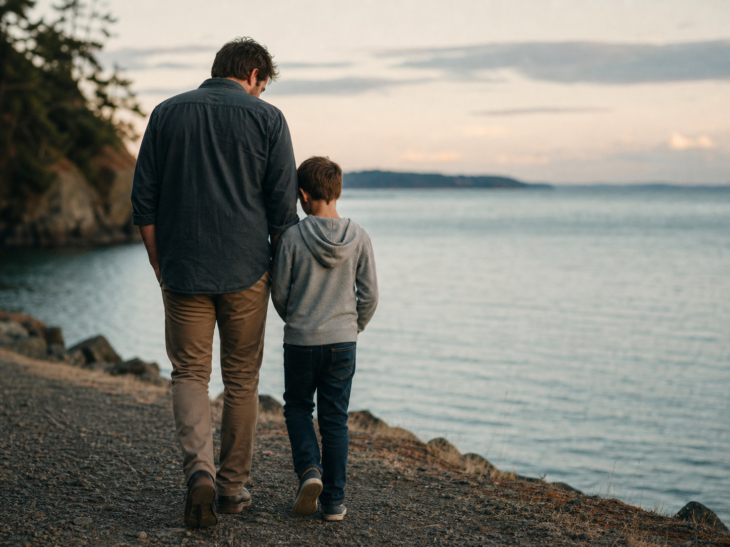 A parent and child walking together beside the water