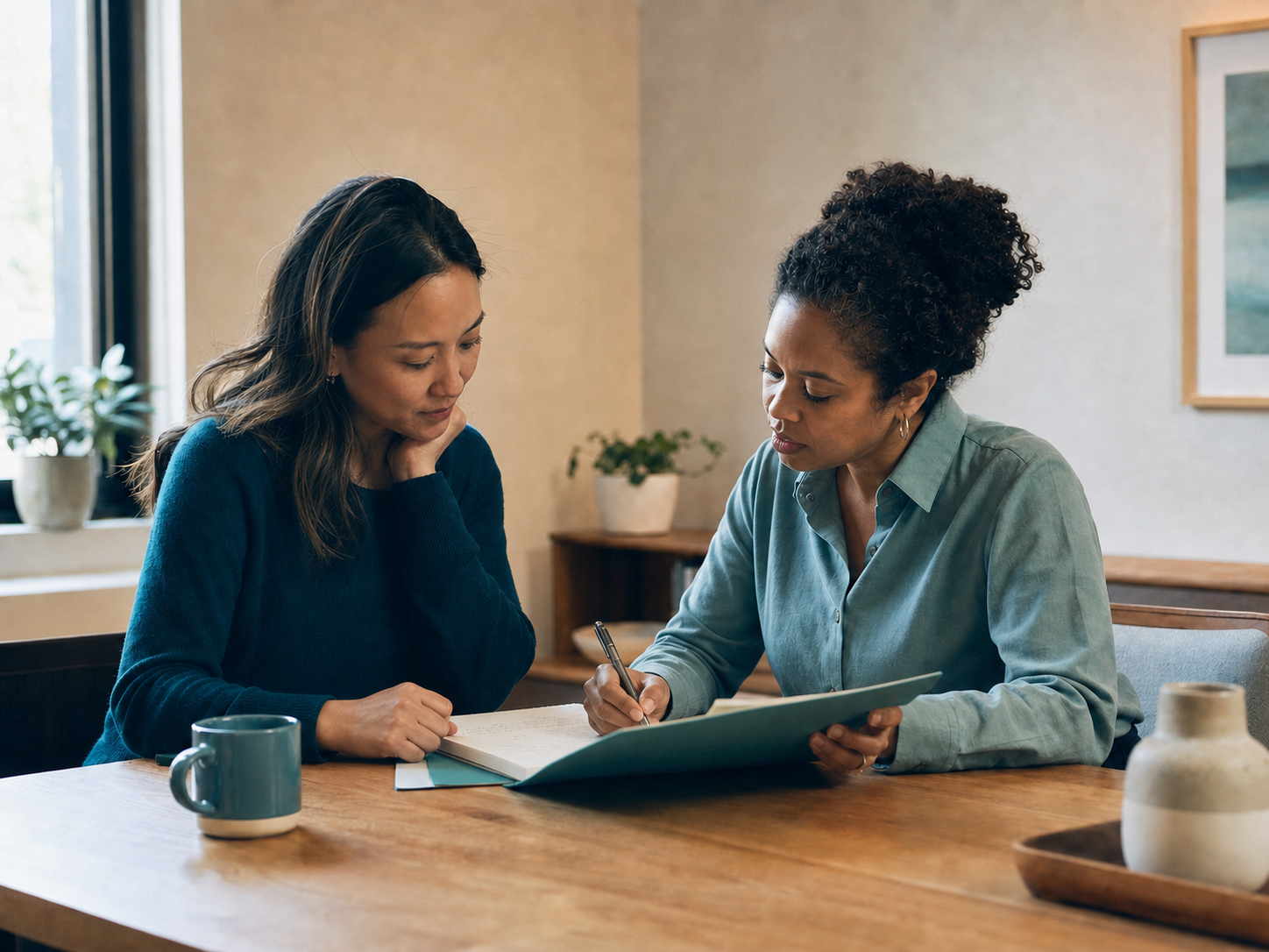 Two professionals reviewing notes together at a desk